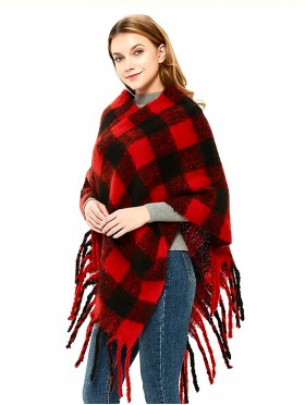 Plaid Poncho with Fringes